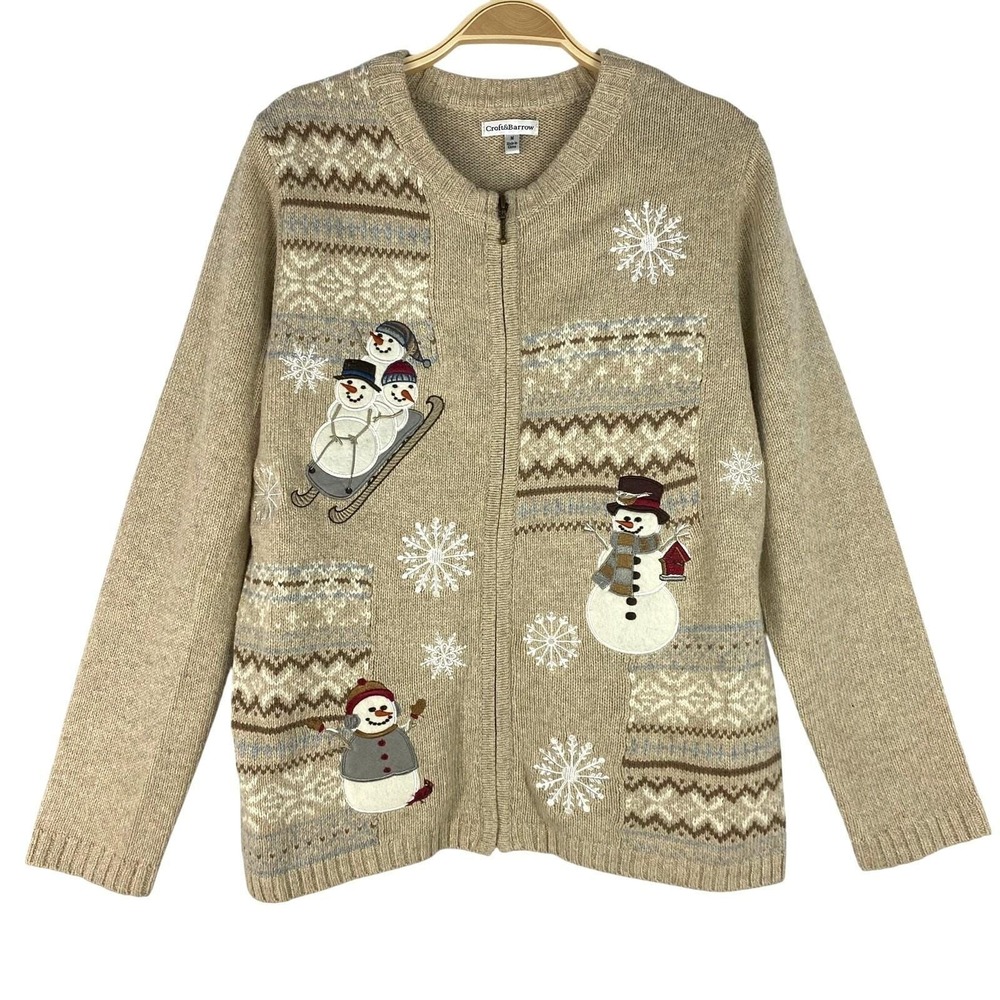 Croft & Barrow Winter Snowman Zip Cardigan Sweater Women M Beige 80s Grandmacore